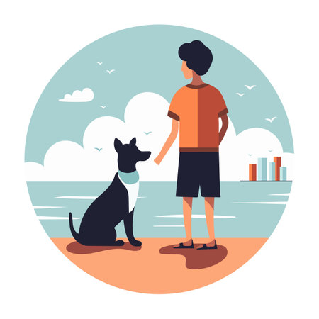 Guy with his pet. Boy and dog spending time together on beach. Vector illustration. Summer mood. Holidays at sea.のイラスト素材