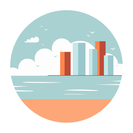 Sea coast and beach. Seagulls in the sky. City on the horizon. Round cartoon illustration with summer mood.のイラスト素材
