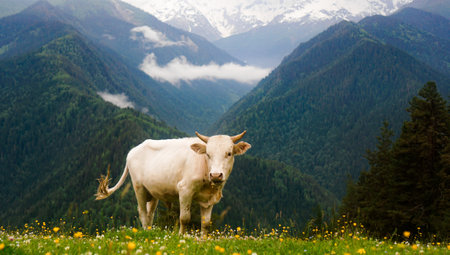 Cows eating fresh grass in mountain valley. Snow-capped mountain peaks on a blurred background. Mountain flower meadowの写真素材