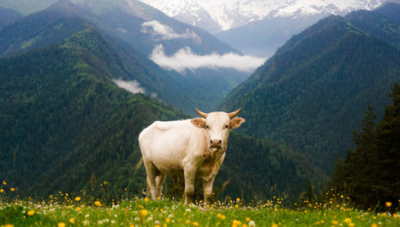 Cows eating fresh grass in mountain valley. Snow-capped mountain peaks on a blurred background. Mountain flower meadowの写真素材