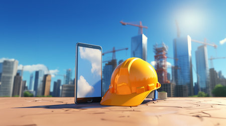 Foreman helmet at a construction site and a smartphone. Builder and Labour Day. Blurred construction site background. AI generatedの素材