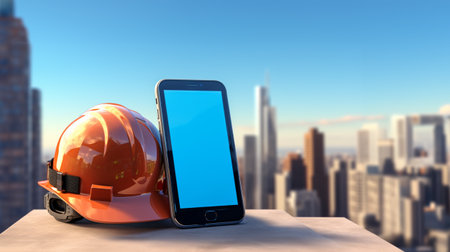 Foreman helmet at a construction site and a smartphone. Builder and Labour Day. Blurred construction site background. AI generatedの素材