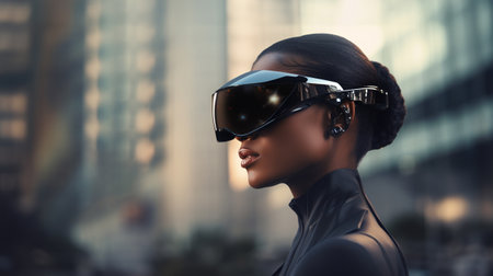 Black skin woman in a formal suit wearing augmented reality glasses against the backdrop of a blurry futuristic city. The concept of the latest technology and the future. AI generatedの素材