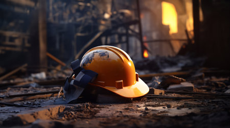 Broken and dirty protective helmet of a construction worker or a fireman. Tragedy at the construction site. AI generatedの素材
