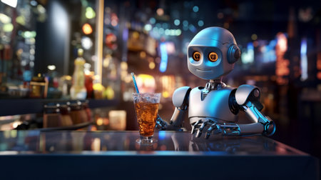 Cheerful robot bartender makes cocktails. Neon bar, futuristic bar atmosphere. AI generatedの素材