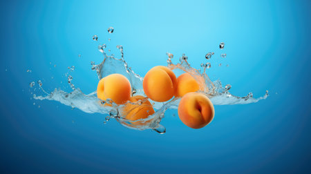 Peach falling into the water isolated over the blue background. AI generatedの素材
