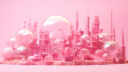 Mini toy city concept isolated on pink. Toy constructor - girly pink city. AI generated imageの素材