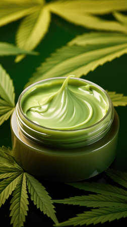 Moisturizing cream in jar with hemp leaves on blurred background. Cosmetic cream for skin care. Natural cosmetics. AI generated vertical imageの素材