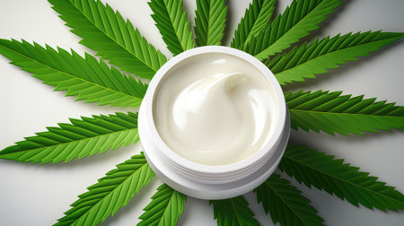 Moisturizing cream in jar with hemp leaves on blurred background. Cosmetic cream for skin care from hemp. Natural cosmetics. AI generated imageの素材