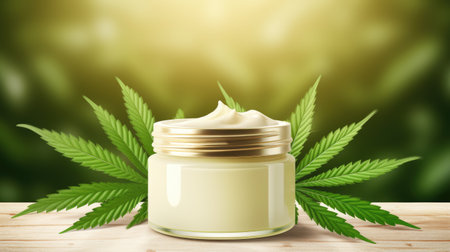 Moisturizing cream in jar with hemp leaves on blurred background. Cosmetic cream for skin care from hemp. Natural cosmetics. AI generated imageの素材