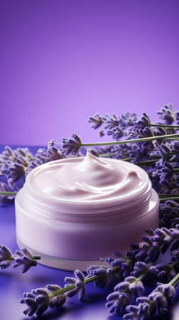 Natural lavender cosmetic cream. Moisturizer with lavender on a purple background with lavender flowers. AI generated vertical imageの素材