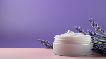 Natural lavender cosmetic cream. Moisturizer with lavender on a purple background with lavender flowers. AI generated imageの素材