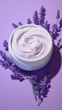 Natural lavender cosmetic cream. Moisturizer with lavender on a purple background with lavender flowers. AI generated vertical imageの素材