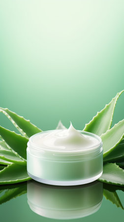 Aloe vera cosmetic cream with green leaf on green background. AI generated vertical imageの素材