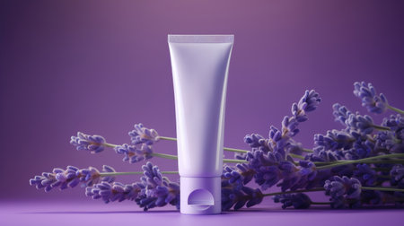 Natural lavender cosmetic cream in tube. Moisturizer with lavender on a purple background with lavender flowers. AI generated imageの素材