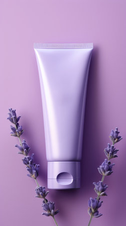 Natural lavender cosmetic cream. Moisturizer with lavender on a purple background with lavender flowers. AI generated vertical imageの素材