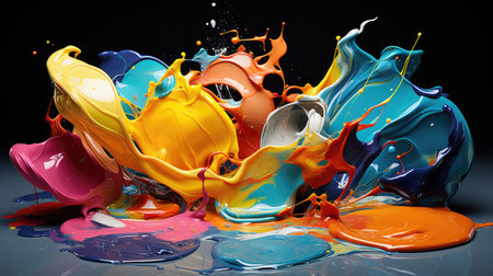 Splashes of oil paint on a black background. AI generated image. Liquid paint spreads to the sidesの素材