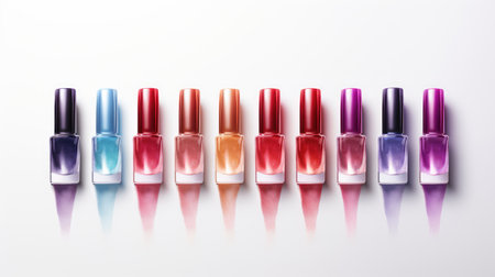 Group of bright nail polishes isolated on white. Bottles of nail polish. AI generated imageの素材
