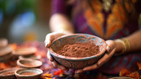 Hands holding a clay bowl with spices. Traditional Asian or Arabic market. AI generated imageの素材