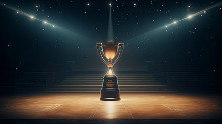 Champion trophy cup on sport stadium background. Dark banner. AI generated imageの素材