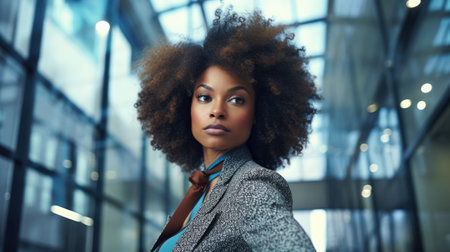 Beautiful black woman against blurred office background. Modern business lady. AI generatedの素材