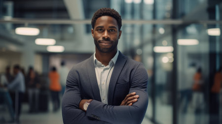 Young confident black man in front of a blurred modern office. Young boss in a corporation. AI generatedの素材