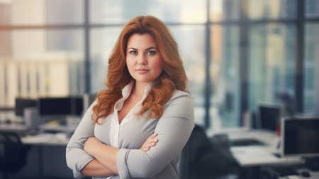 Overweight happy woman. Blur background of modern office. Successful business lady. AI generatedの素材