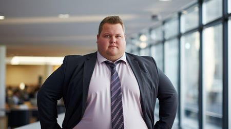 Overweight man in modern office. A fat man in a suit, an office worker. AI generatedの素材