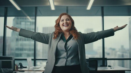 Overweight happy woman. Blur background of modern office. Successful business lady. AI generatedの素材