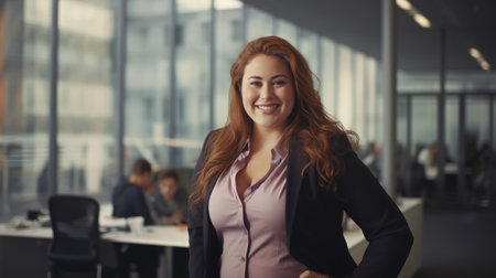 Overweight happy woman. Blur background of modern office. Successful business lady. AI generatedの素材