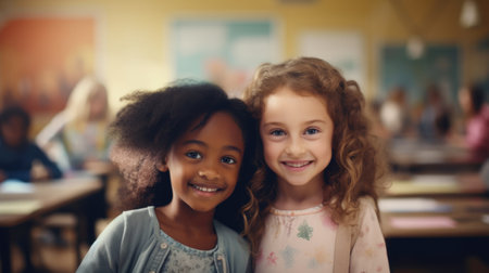 Two little girls are friends. Girls with black and white skin. School friends. Happy childhood. AI generatedの素材