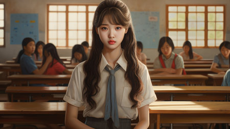 Korean girl at school. Cartoon style. Beautiful Asian teen girl. AI generatedの素材