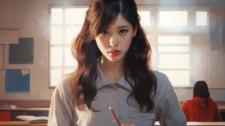 Korean girl at school. Cartoon style. Beautiful Asian teen girl. AI generatedの素材