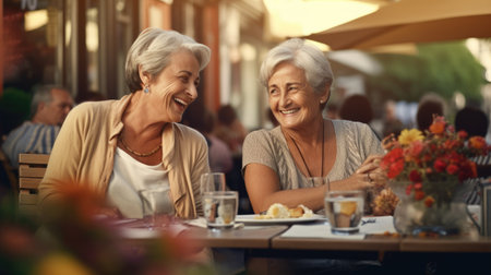 Two elderly happy women on a sunny day on the terrace of a bar. Old girlfriends. Stylish fashionable old mature people meeting and having fun in a cafe. AI generatedの素材