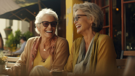 Two elderly happy women on a sunny day on the terrace of a bar. Old girlfriends. Stylish fashionable old mature people meeting and having fun in a cafe. AI generatedの素材
