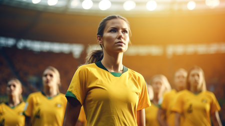 A beautiful female football player in a yellow-green uniform against the backdrop of the stadium. Sports championship. AI generatedの素材