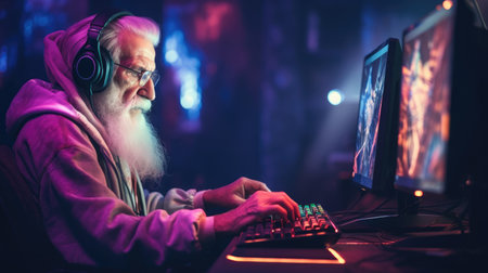 Old man playing on computer late at night in Modern computer club. Grandpa gamer. AIの素材