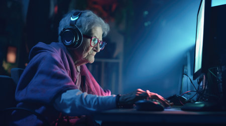 Grandma is a gamer in a computer club. Elderly hacker woman in neon light. AI generatedの素材