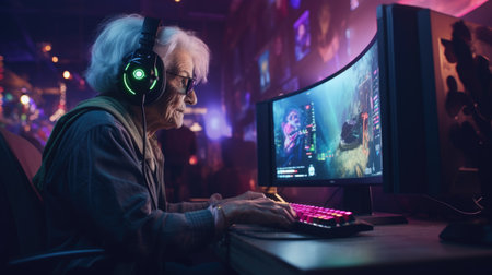 Grandma is a gamer in a computer club. Elderly hacker woman in neon light. AI generatedの素材