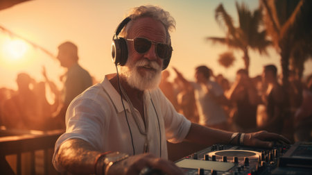 Attractive gray-haired aged man DJ at a beach party during sunset. AIの素材