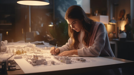 Young successful female architect or interior designer at work on a new project in her workshop. AI generatedの素材