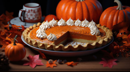 pumpkin pie with whipped cream and cinnamon on rustic background. Ai generatedの素材