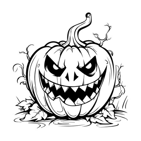 Evil pumpkin line art for coloring book page. Black and white for print. Vectorのイラスト素材