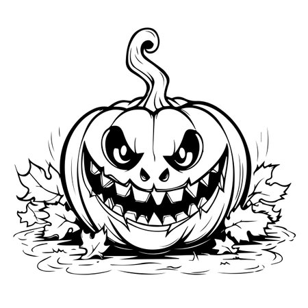 Evil pumpkin line art for coloring book page. Black and white for print. Vectorのイラスト素材