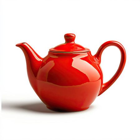 A Sleek Red Ceramic Teapot on White Backgroundの素材