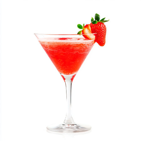 A vibrant strawberry cocktail, garnished with fresh strawberries, perfect for summer gatherings and partiesの素材