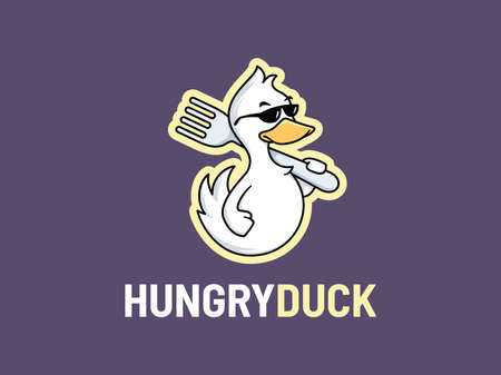duck cute cartoon with fork. food logo mascotのイラスト素材