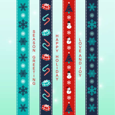 Merry Christmas ribbon washi tape scrapbook items in blue, turquoise, navy blue, white and red colors with light blue gradient background.のイラスト素材