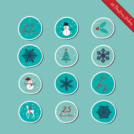 A set of Christmas round stickers, scrapbook, gift tags with snowman, tree, snowflakes and Christmas design elements in navy blue, blue, red, turquoise and white colors with blue background for season greeting holiday.のイラスト素材