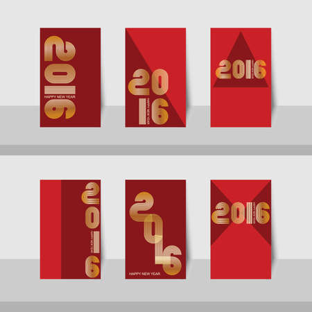 Set of vector small cards 2016 Gold retro stripe funky style numbers for Happy New Year celebration with red background.のイラスト素材